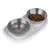 Double stainless steel bowl with white holder, one bowl filled with dry food, the other empty.