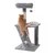 Grey cat tree with multiple levels, sisal posts and play ball. An orange cat is climbing on it.