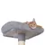 Árbol rascador con superficie de descanso gris, poste de sisal y pelota de juego. Gato rojo tumbado en la superficie de descanso.