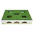 Cardboard play box with green lawn design, several rectangular openings on top and semicircular entrances on the sides.