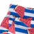 Nahaufnahme eines Stoffdesigns mit roten Wassermelonen und blauen Streifen auf weissem Hintergrund.