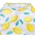 Tissu blanc avec motifs de citrons jaunes et feuilles vertes, couture visible au col. Matière textile clairement apparente.