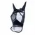 Schwarze Netzmaske mit zwei spitzen Ohren, geeignet für den Kopfbereich. Material aus transparentem Netzstoff und festen Elementen.