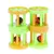 Two plastic toys in green and orange, with integrated red and black balls that can move.