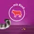 Produktbeschreibung: mit Rind, rotes Rind-Symbol auf violettem Hintergrund. Katzenpfote und Futterstückchen sichtbar.