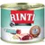 Scatola di alimento per cani Rinti Sensible, visibile testo: Lamm, Reis, Nr. 1 tierisches Protein, Für empfindliche Hunde, Neue Rezeptur. Immagine di carne e riso sulla confezione.