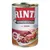 Scatola di cibo per cani Rinti Kennerfleisch mit Ente. Testo visibile: Getreidefrei, Fleisch pur, ohne Kohlenhydrate, Zusammensetzung verfeinert. Immagine di carne e fegato.
