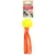 Balle flottante Flamingo Floating Ball, balle jaune en plastique avec lanières orange, étiquette visible avec nom du produit et photo de chien.