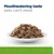 Tray with brown meat pieces in gravy. Text: Mouthwatering taste pets can't resist. Tray with brown meat pieces in gravy. Text: Mouthwatering taste pets can't resist.