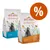 Due confezioni di Almo Nature Life Maintenance per gatti adulti, 2 kg ciascuna. Una variante con pollo fresco visibile. Simbolo percentuale arancione indica offerta o sconto.
