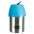 Trixie stainless steel container with blue lid and carabiner, suitable for travel.