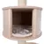 Cat tree with round wooden hideaway, soft plush padding and sisal-wrapped post.