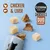 Cosma Pure Love Snackies Duo Flavours, chicken & liver. Image shows light and dark freeze-dried snack cubes spilling from a tin with a cat silhouette on blue background.