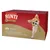 Ambalaj Rinti Gold Mini Gold-Box, 8 x 100g. Text vizibil: 2x Huhn & Gans, 2x Ente & Geflügel, 2x Truthahn & Kaninchen, 2x Wachtel & Geflügel. Imagine cu un câine mic pe cutie.