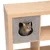 Grey felt box with cat head cut-out, integrated into a wooden shelf. Cat sits in the box and looks out.