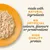Tekst na engleskom: made with natural ingredients, no artificial colours, flavours or preservatives, high quality protein. Prikaz hrane na žutom tanjuru.