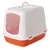 Maison de toilette pour chat en plastique blanc et orange, porte battante translucide rose avec motif patte, poignée sur le dessus.