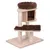 Krabpaal van hout met drie sisalpalen, bruin pluche ligmand bovenop, open slaaphuisje en zacht kussen op het middelste plateau. Basis van licht hout.