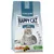 Pienso para gatos Happy Cat Atlantic Salmon, Indoor Atlantik Lachs, 1+ years. Imagen de gato gris en el envase. Texto: All in One, Natural Life Concept, 80% atlantic salmon.