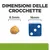Dimensioni delle crocchette: 8,5 mm accanto a un dado blu da 16 mm per confronto visivo.