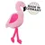 Rosa Plüsch-Flamingo-Spielzeug mit pinken Beinen und Aufschrift 'Made in Germany'.