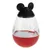 Jouet distributeur en plastique transparent et rouge, couvercle noir avec oreilles de souris, deux ouvertures rondes visibles sur le côté.