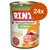 Rinti Kennerfleisch Senior mit Huhn, getreidefrei, 24x. Widoczne kawałki mięsa i warzyw na etykiecie. Napisy: fettreduziert, ballaststoffe.