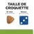 Taille de croquette : croquette triangulaire 13 mm à côté d’un dé bleu 16 mm pour comparaison visuelle.