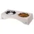 Double stainless steel bowl in wooden holder, one bowl with water and one with dry food. Brand logos: TradeFriend and Ferplast visible.