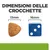 Dimensioni delle crocchette: confronto tra una crocchetta da 13 mm e un dado blu da 16 mm, testo visibile 'DIMENSIONI DELLE CROCCHETTE', '13 mm', '16 mm'.