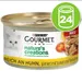 Boîte de pâtée pour chat Purina Gourmet Nature's Creations, texte allemand : reich an Huhn, garniert mit Spinat und Tomaten. Lot de 24 boîtes indiqué en haut à droite.