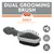 DUAL GROOMING BRUSH, DAILY, Detangle and remove loose topcoat hair, ALL SIZES, ALL HAIR TYPES. Bild på borste med handtag och två sidor för pälsvård.