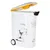 White food container with yellow lid, illustration of a dog eating and text 'so tasty' and 'dinner is served'.