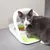Graue Katze frisst aus einem weissen Futterautomat mit grünem Napf, geeignet für kontrollierte Fütterung.