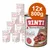 Lot de 12 boîtes RINTI Kennerfleisch mit Lamm, 800 g chacune, texte visible : getreidefrei, image de viande et abats sur l’emballage. Lot de 12 boîtes RINTI Kennerfleisch mit Lamm, 800 g chacune, texte visible : getreidefrei, image de viande et abats sur l’emballage.