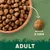 Kibble size for adult shown as 9.5mm diameter, with a bowl of kibble and one piece highlighted to indicate dimensions.