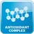 ANTIOXIDANT COMPLEX (κείμενο στα αγγλικά) με εικονίδιο μοριακής δομής σε μπλε φόντο