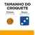 Tamanho do croquete: comparação visual entre um croquete de 9,5 mm e um dado azul de 16 mm. Texto visível: 'TAMANHO DO CROQUETE', '9.5 mm', '16 mm'.