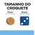 Tamanho do croquete: 11 mm de diâmetro, comparado com um dado azul de 16 mm. Texto visível: 'TAMANHO DO CROQUETE', '11mm', '16mm'.