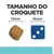 Tamanho do croquete: comparação visual entre um croquete de 13 mm e um dado azul de 16 mm. Texto visível: 'TAMANHO DO CROQUETE', '13 mm', '16 mm'.