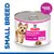 Tin labelled for small and mini mature adult 7+ with beef mousse, featuring a cow icon and text 'SMALL BREED' on the side.