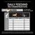 Daily feeding recommendation chart showing daily food amounts in grams by weight and activity level, with a portion calculator mentioned. Amounts range from 35g to 705g per day.