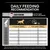 Daily feeding recommendation chart showing grams per day for different weights and activity levels. Includes a portion calculator notice and guideline to adjust based on activity and condition.
