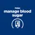Helps manage blood sugar felirat angolul, alatta vércukorszintmérő ikon fehér alapon kék háttéren. A szöveg magyar fordítása nincs feltüntetve.