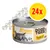 Confezione da 24 lattine DOGS'n TIGER, testo visibile: GENUSS HÜHNCHENFILET, immagine di gatto e pollo sulla confezione, linguetta in metallo, sito web www.dogs-tiger.de.