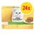 Confezione Purina Gourmet Gold, 24x85g, terrine per gatto con verdure. Immagine di un gatto bianco e una terrina a fette su piatto. Testo in francese e olandese visibile.