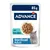 Advance Sterilized Adult con bacalao, 85 g. Imagen de trozos de comida en salsa y un gato gris en el envase. Advance Sterilized Adult con bacalao, 85 g. Imagen de trozos de comida en salsa y un gato gris en el envase.