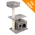 Tiragraffi grigio con cuccia superiore imbottita, colonna in sisal, piattaforma e casetta. Testo visibile: Top Seller su sfondo arancione.