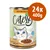 Confezione Catessy Yummmmeow! with duck & liver, 24x400g, illustrazione di gatto e piatto con bocconcini, testo: Deliciously juicy!, 400 g, no added sugar.