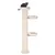 Cat tree with three resting surfaces made of light-coloured fabric, a cat sits on the top platform.